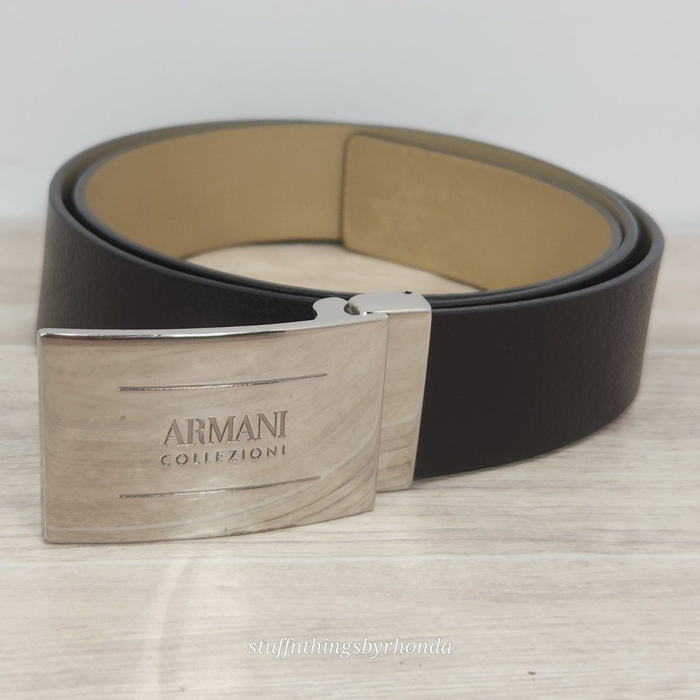 Armani Collezioni Men's Brown Leather Belt Silver Tone Buckle Made In Italy